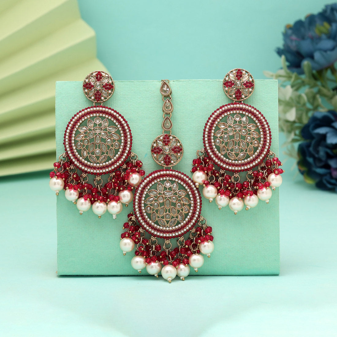 Rani Color Pakistani Kundan Earrings With Maang Tikka (KDTE592RNI) Jewellery GetGlit