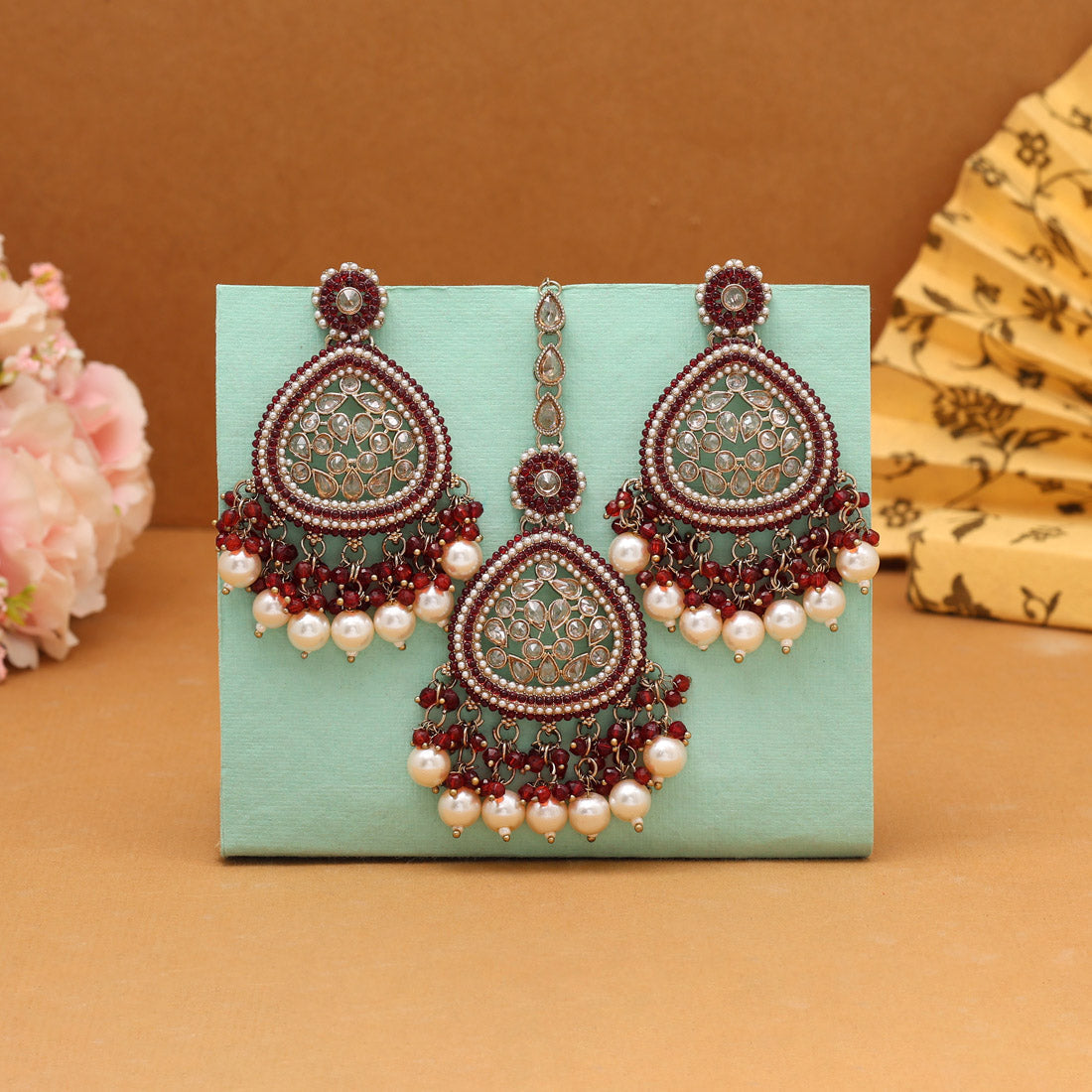 Maroon Color Pakistani Kundan Earrings With Maang Tikka (KDTE593MRN) Jewellery GetGlit