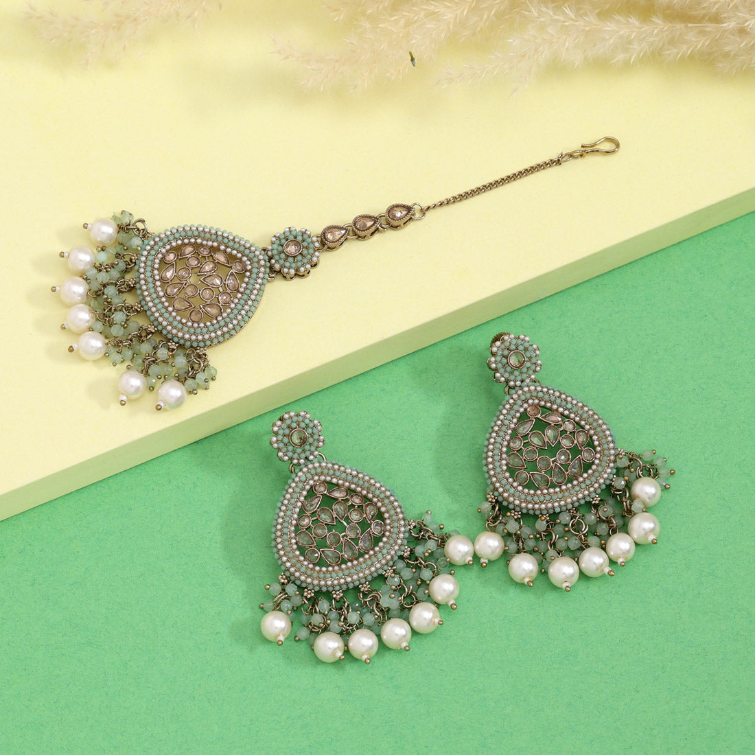 Pista Green Color Pakistani Kundan Earrings With Maang Tikka (KDTE593PGRN) Jewellery GetGlit