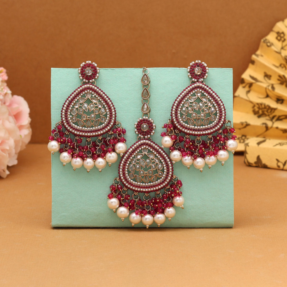 Rani Color Pakistani Kundan Earrings With Maang Tikka (KDTE593RNI) Jewellery GetGlit