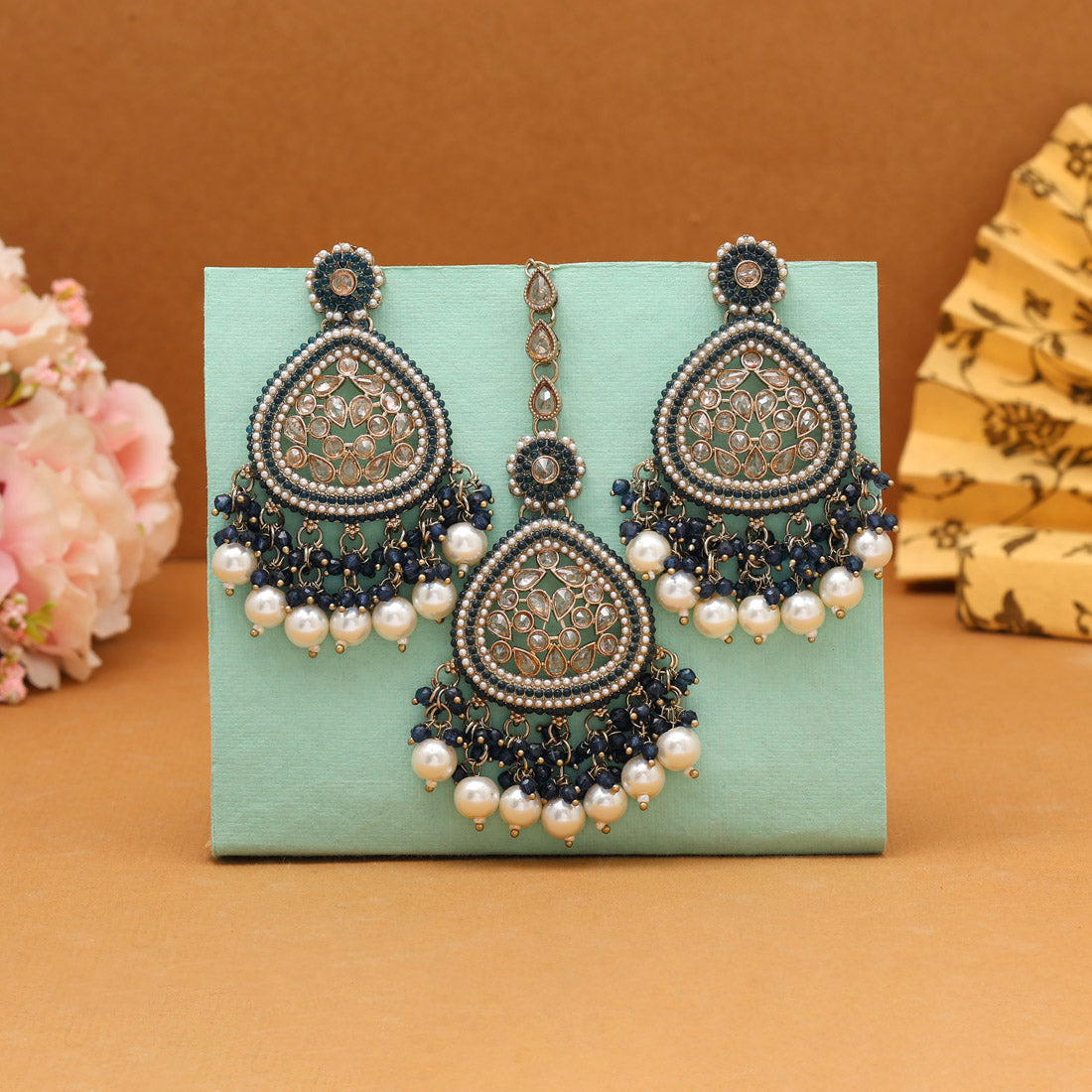 Turquoise Blue Color Pakistani Kundan Earrings With Maang Tikka (KDTE593TBLU) Jewellery GetGlit