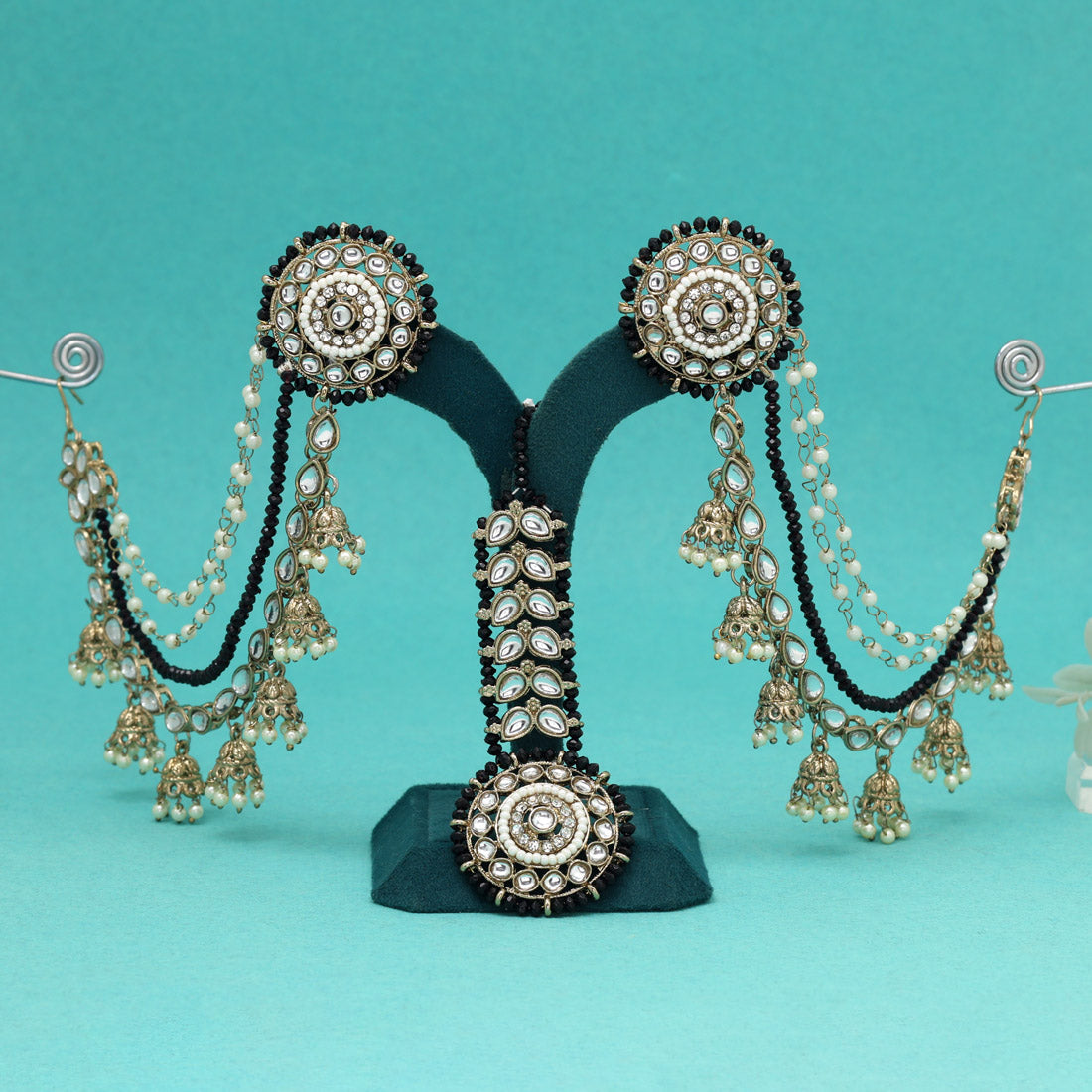 Classic Black Color Kundan Earrings With Maang Tikka Jewellery GetGlit