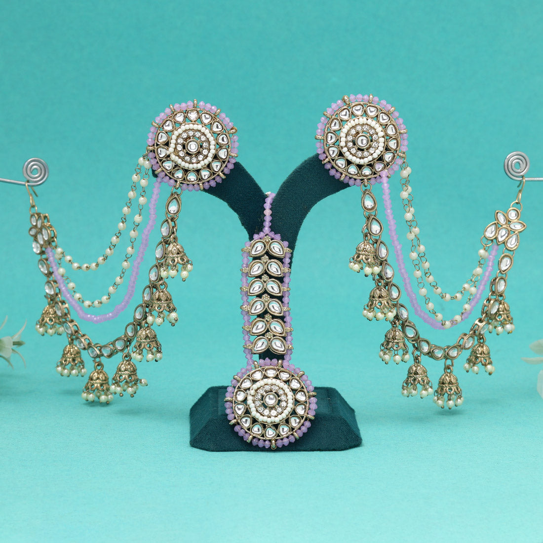 Delicate Light Purple Color Kundan Earrings With Maang Tikka Jewellery GetGlit