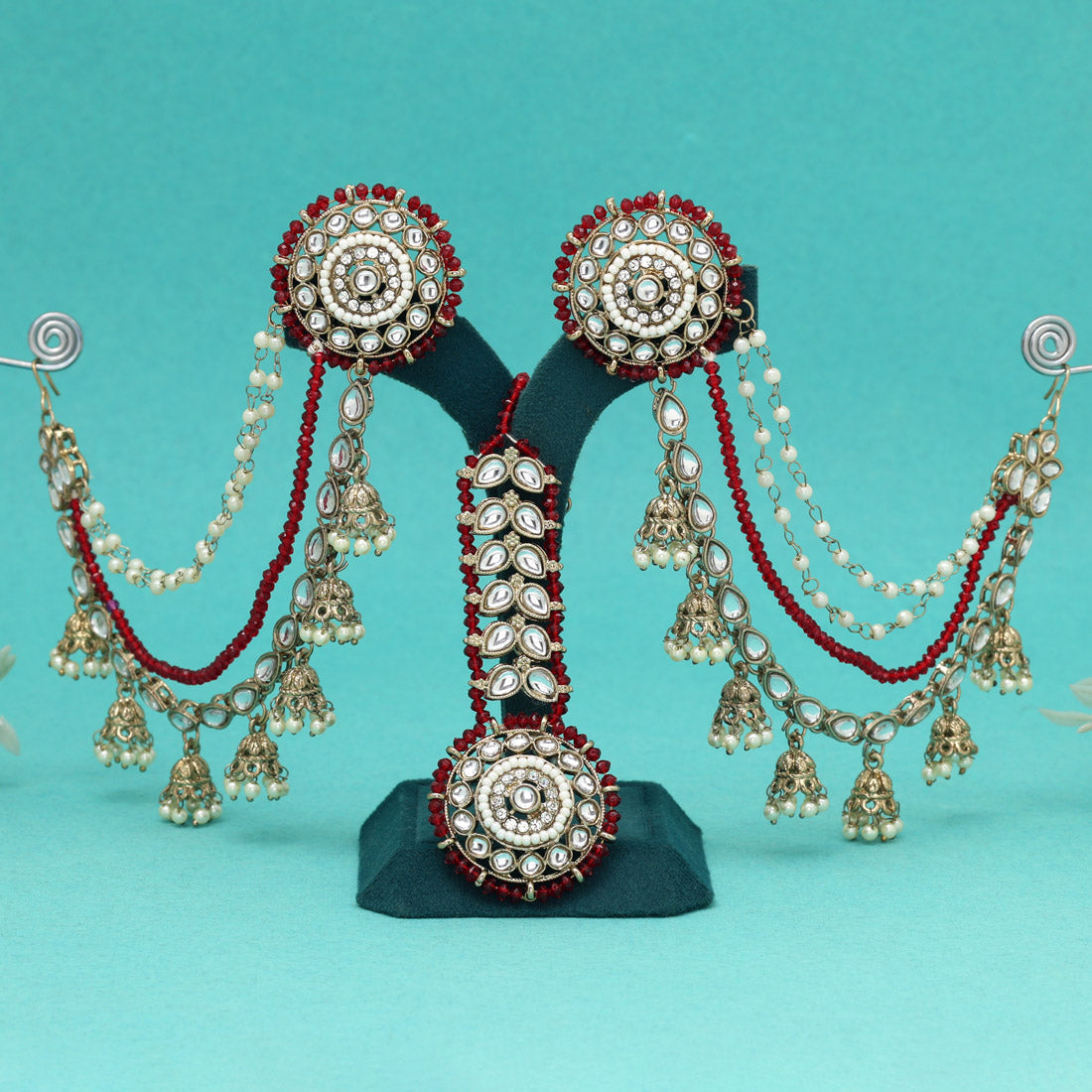 Deep Maroon Color Kundan Earrings With Maang Tikka Jewellery GetGlit