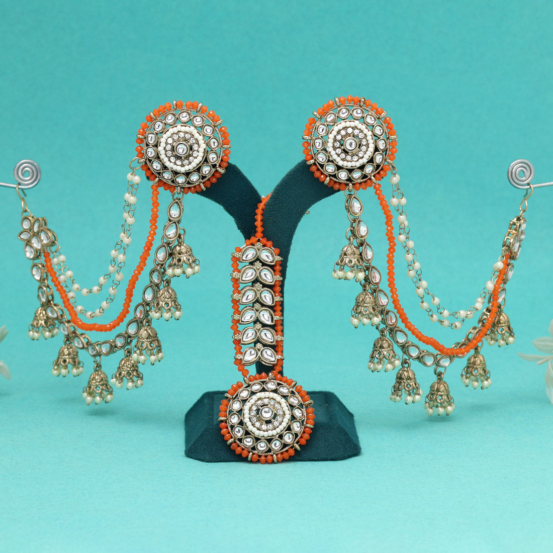 Vibrant Orange Color Kundan Earrings With Maang Tikka Jewellery GetGlit
