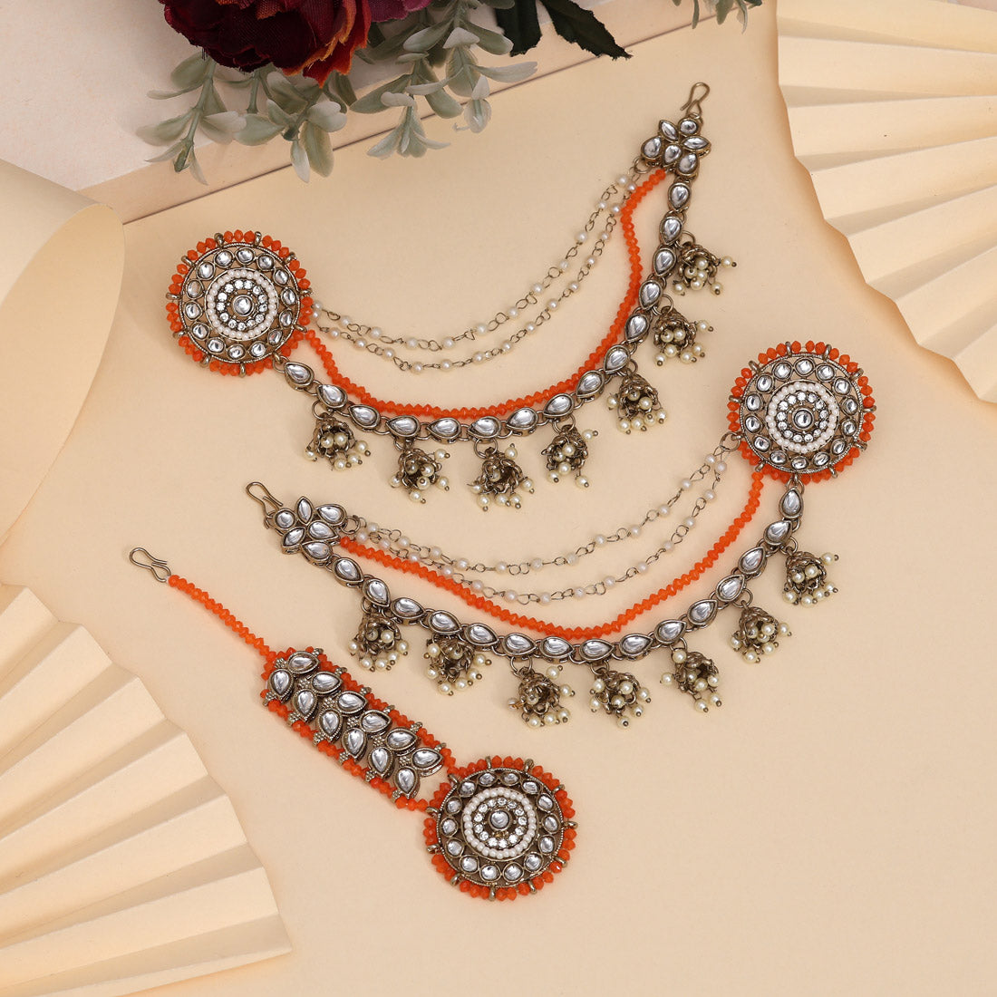 Vibrant Orange Color Kundan Earrings With Maang Tikka Jewellery GetGlit