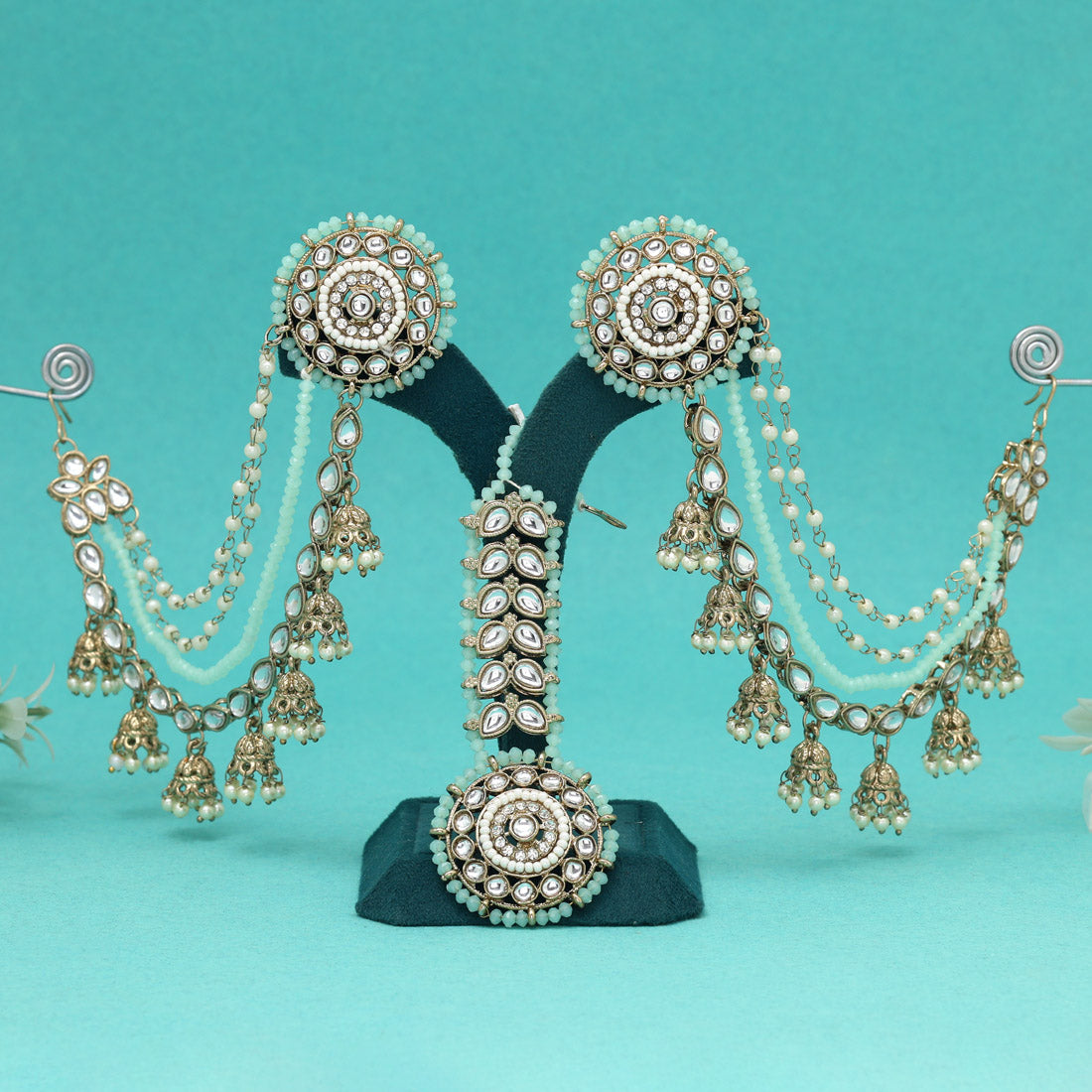 Fresh Pista Green Color Kundan Earrings With Maang Tikka Jewellery GetGlit