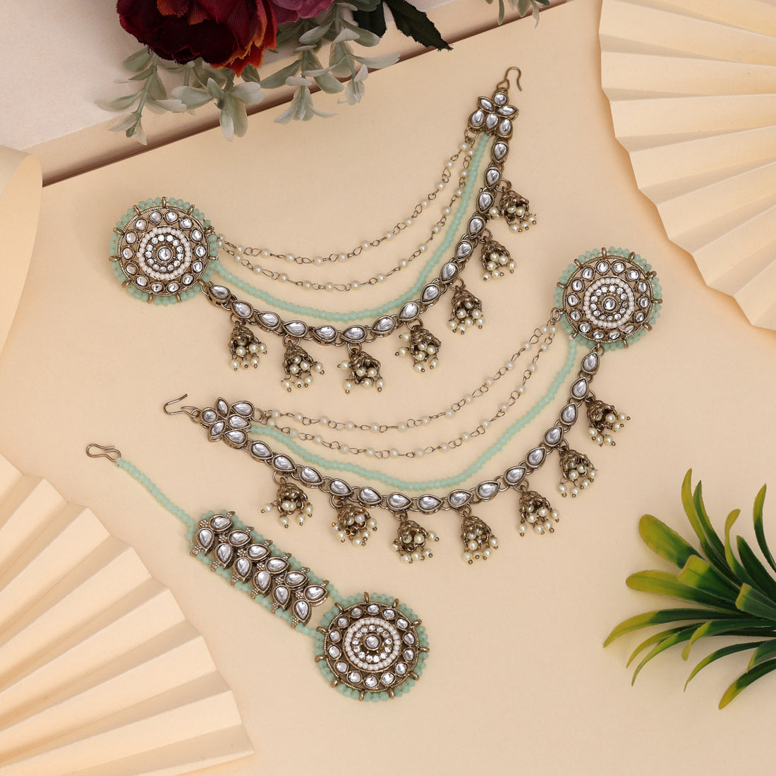 Fresh Pista Green Color Kundan Earrings With Maang Tikka Jewellery GetGlit