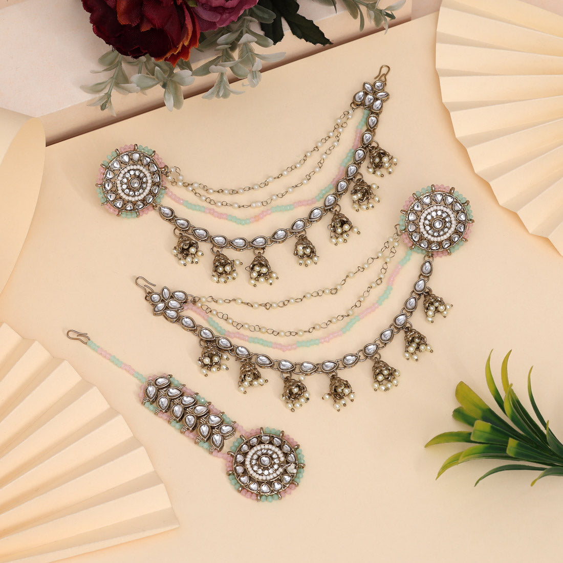 Soft Pink Color Kundan Earrings With Maang Tikka Jewellery GetGlit