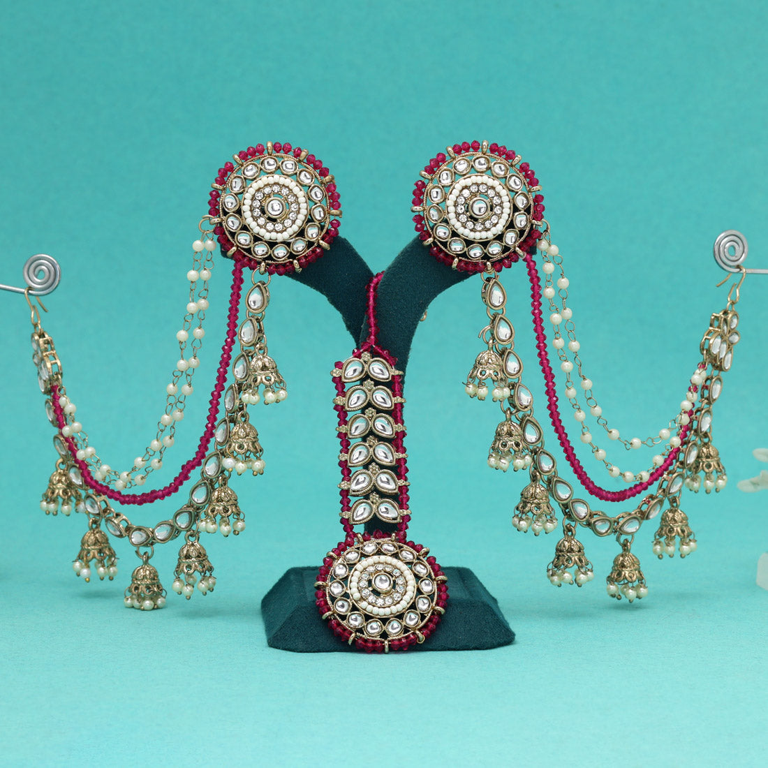 Rich Rani Color Kundan Earrings With Maang Tikka Jewellery GetGlit