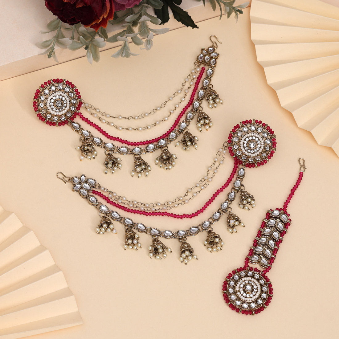 Rich Rani Color Kundan Earrings With Maang Tikka Jewellery GetGlit