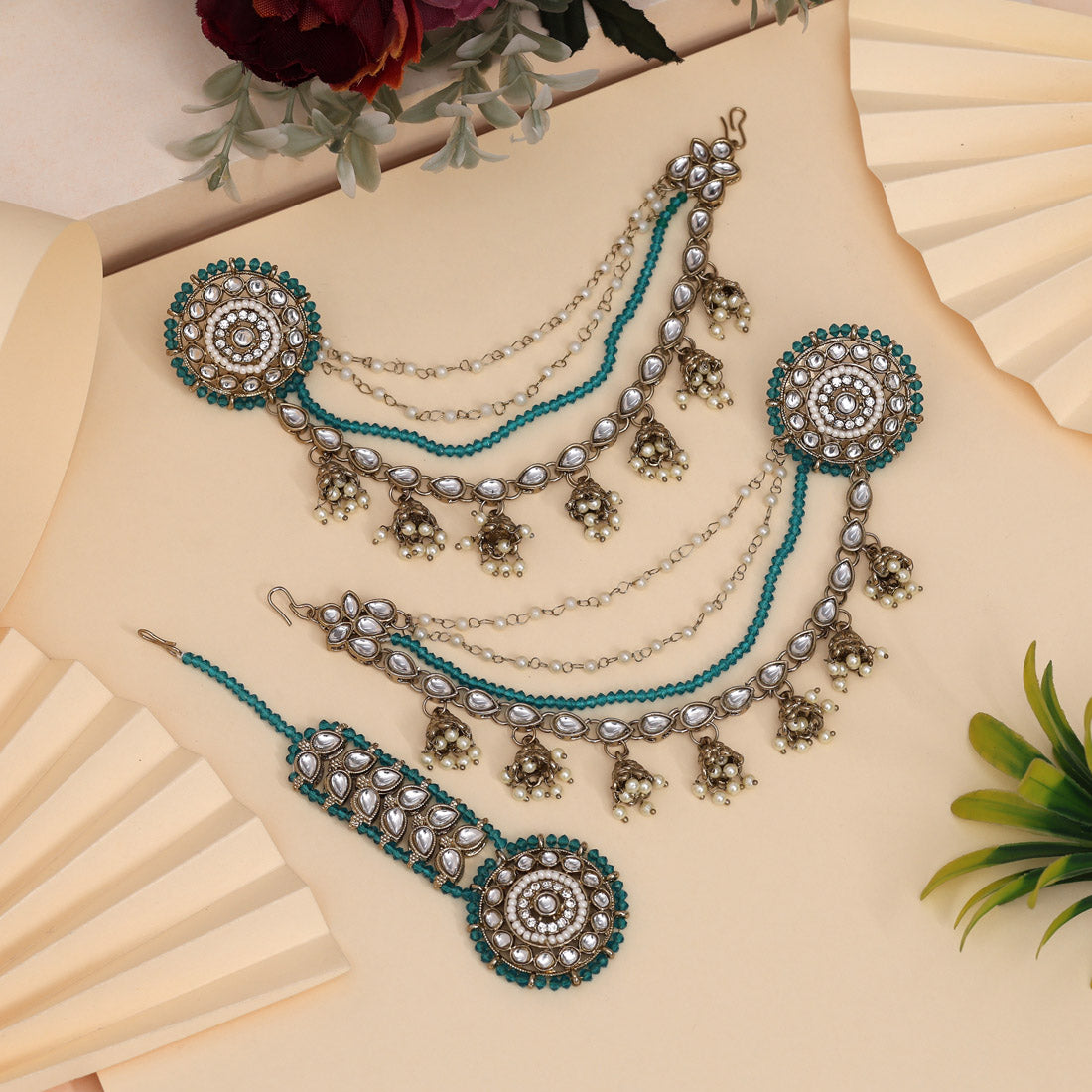 Cool Turquoise Blue Color Kundan Earrings With Maang Tikka Jewellery GetGlit