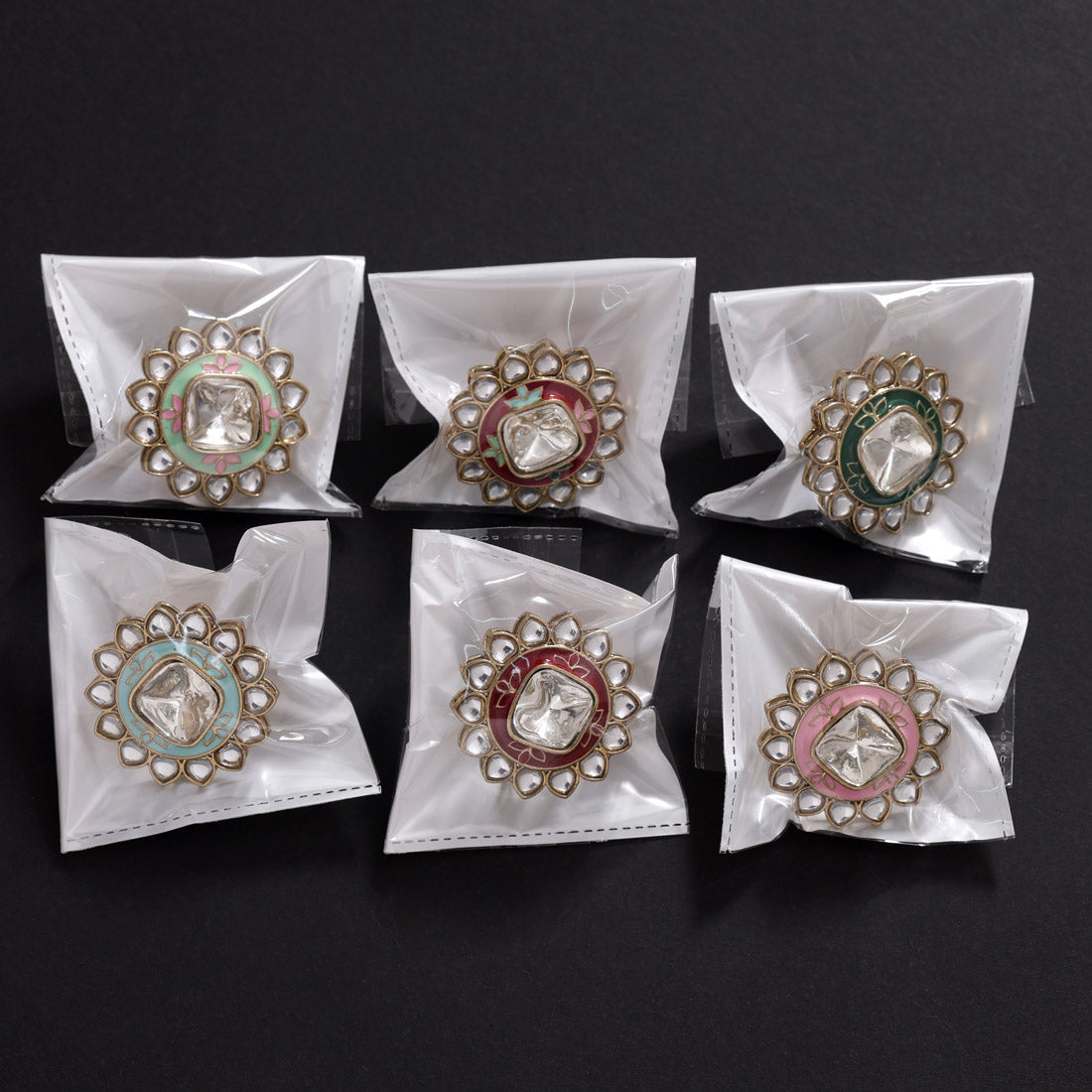 Assorted Color 6 Pieces Of Kundan Meena Finger Rings