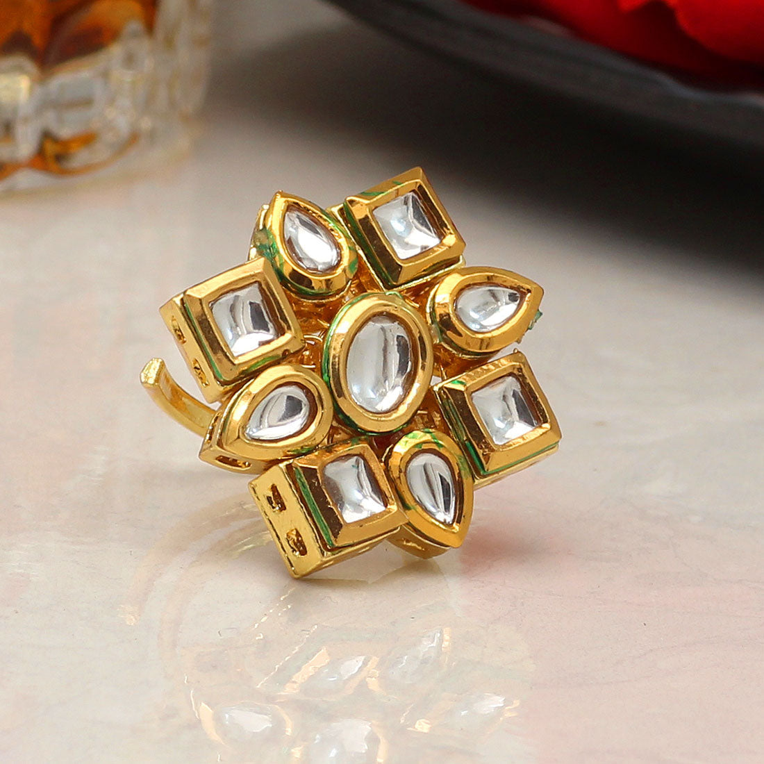 White Color Kundan Meenakari Finger Ring For Women (KMR754WHT)  GetGlit   