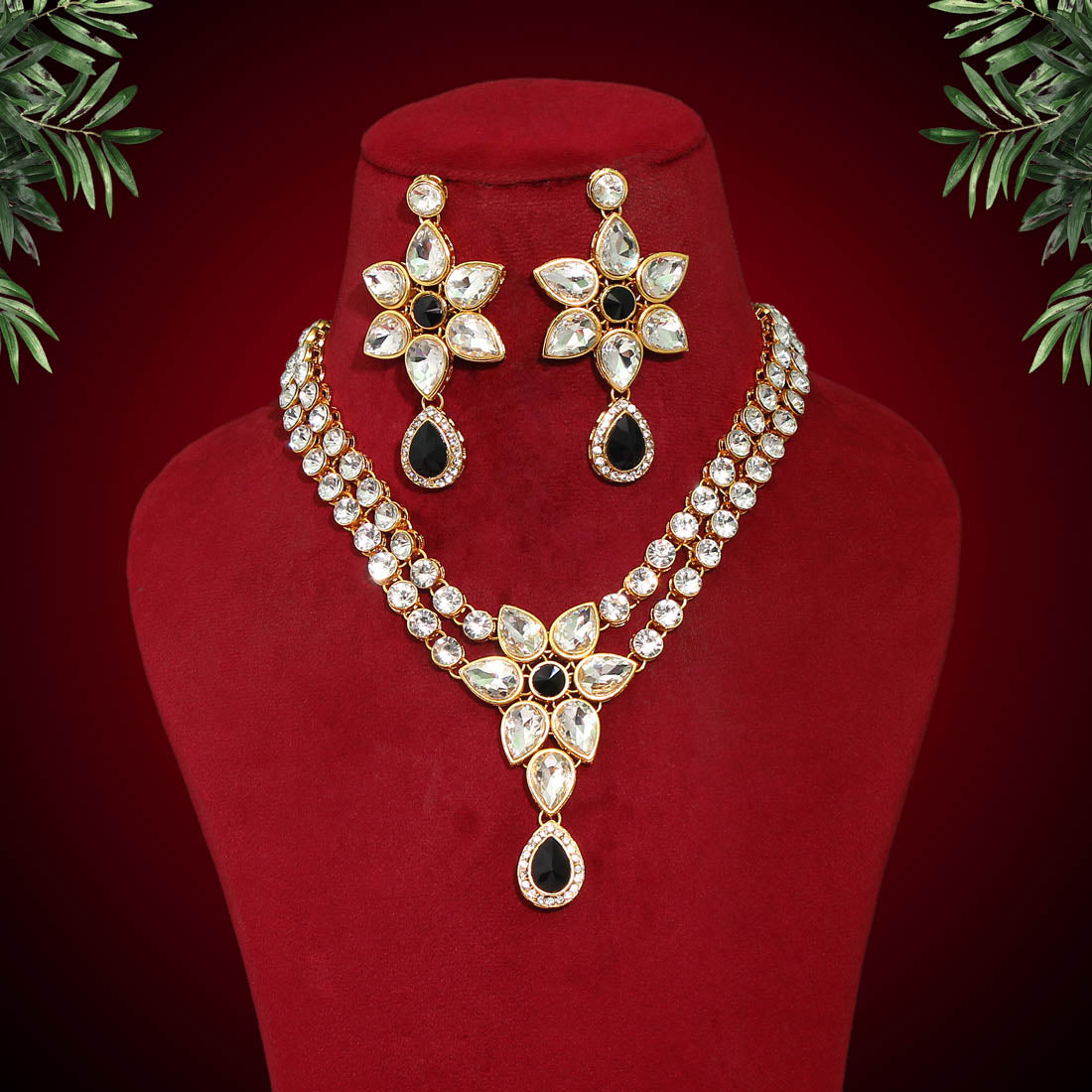 Black Color Kundan Necklace With Earrings & Maang Tikka (KN1004BLK) Jewellery GetGlit   