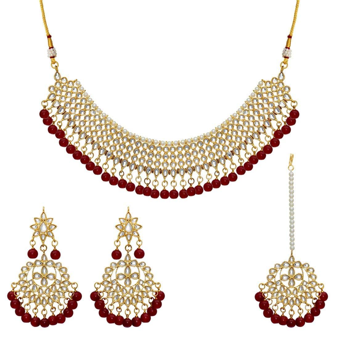 Partywear Collection Maroon Color Imitation Pearl Kundan Necklace With Earring & Maang Tikka (KN100MRN) Necklaces GetGlit   