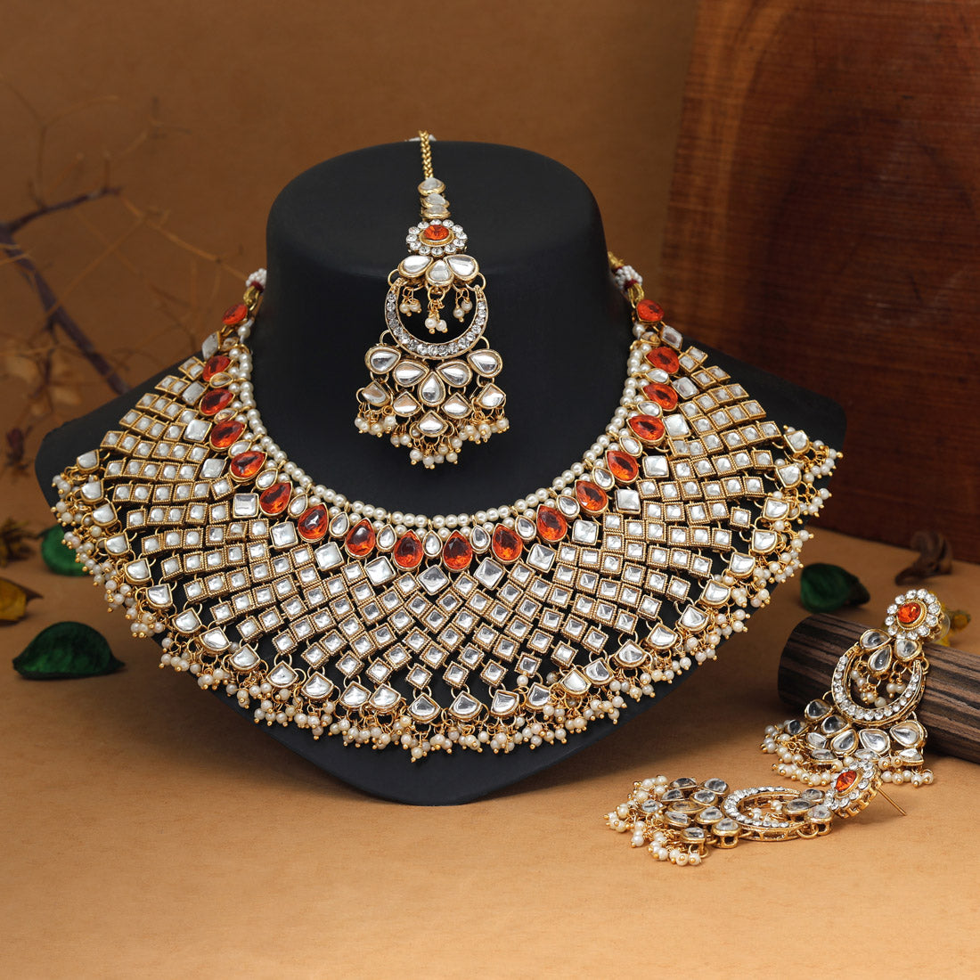 Dark Peach Color Kundan Necklace Set Jewellery GetGlit