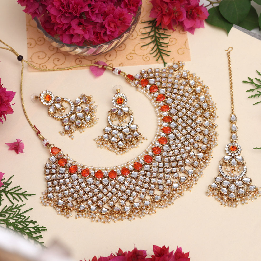 Dark Peach Color Kundan Necklace Set Jewellery GetGlit