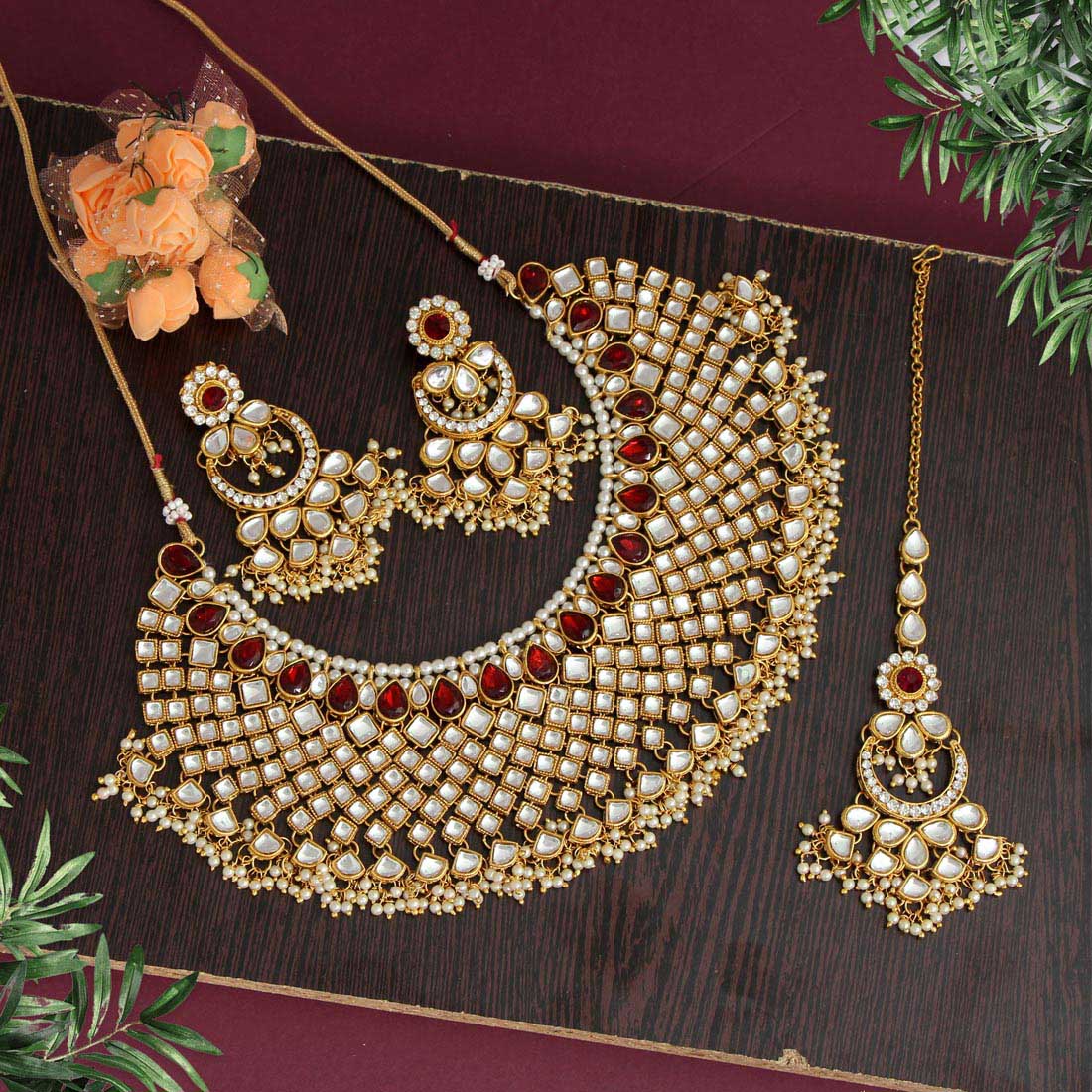 Maroon Color Kundan Necklace Set (KN1026MRN) Jewellery GetGlit   