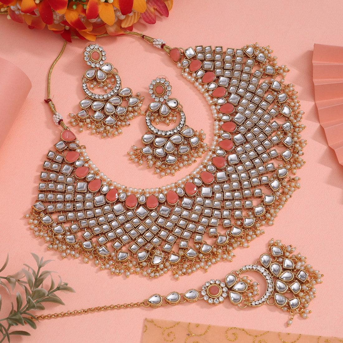 Peach Color Kundan Necklace Set (KN1026PCH) Jewellery GetGlit