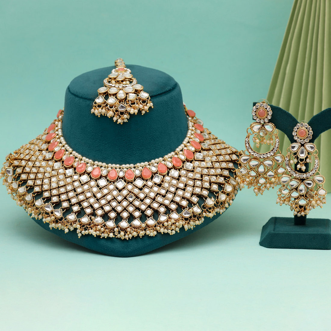 Peach Color Kundan Necklace Set (KN1026PCH) Jewellery GetGlit