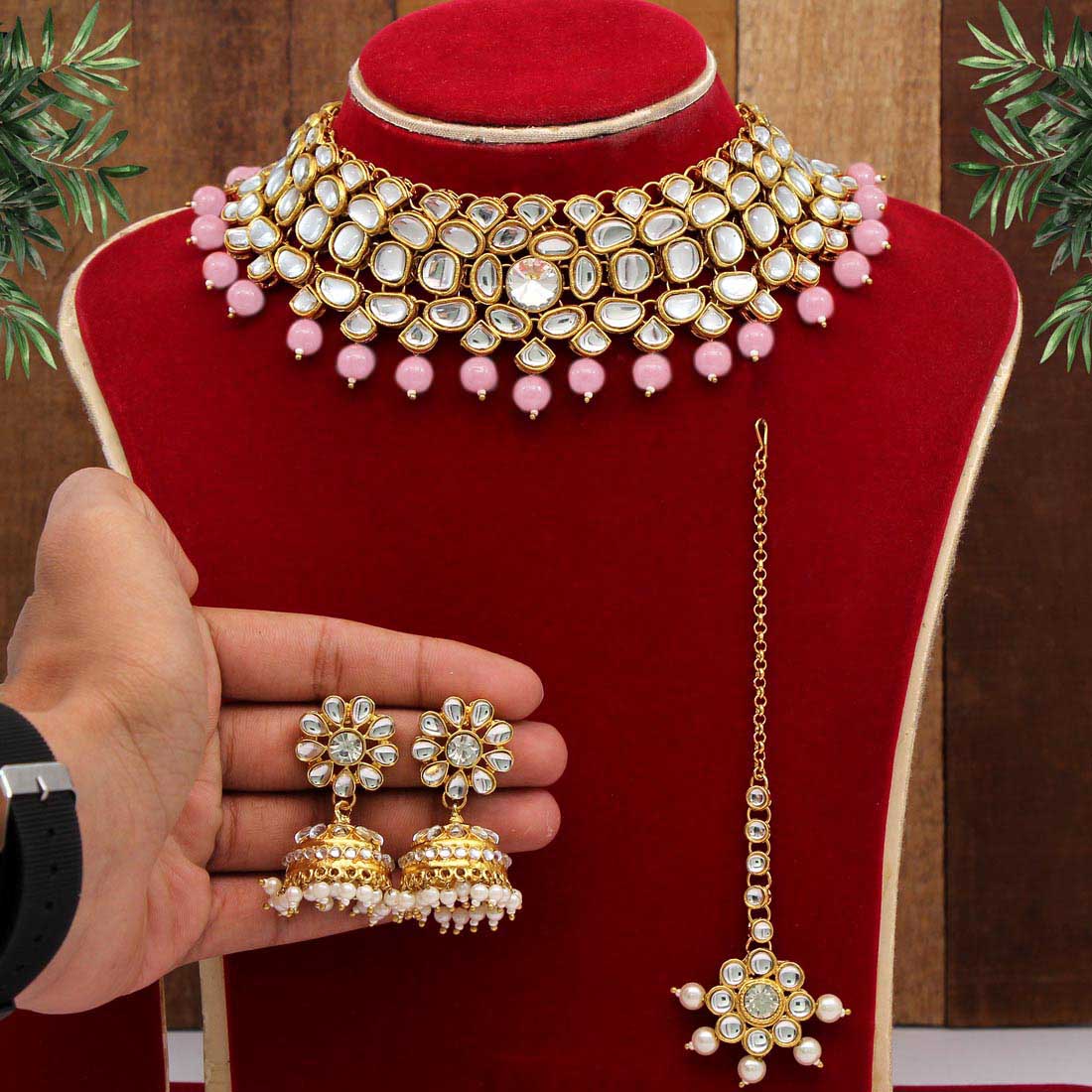 Pink Color Choker Kundan Necklace Set (KN1038PNK) Jewellery GetGlit   