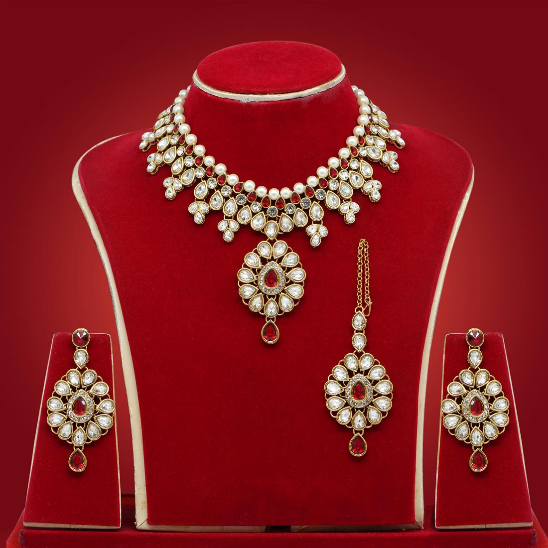 Maroon Color Kundan Necklace Set (KN1052MRN) Necklaces GetGlit   