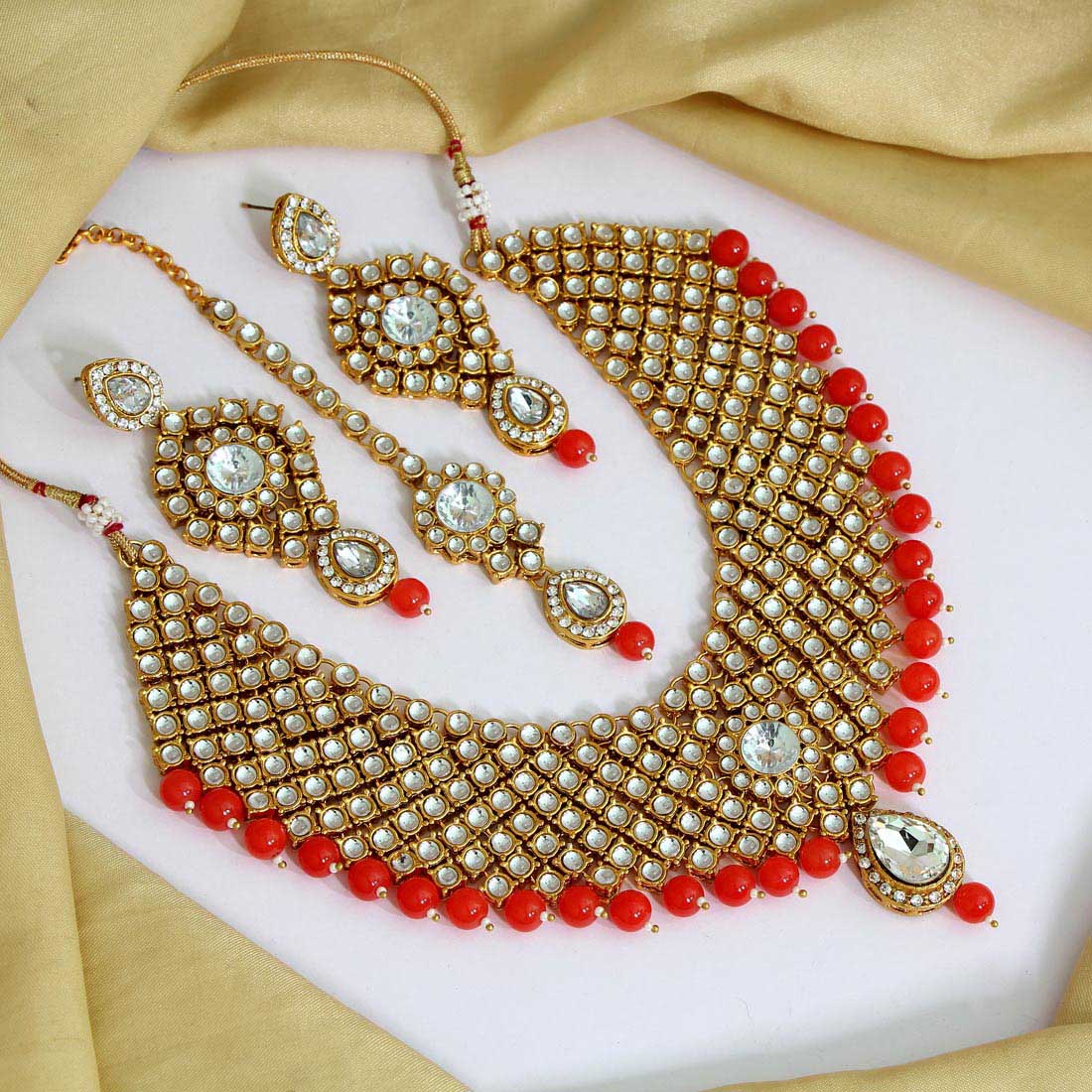 Orange Color Kundan Necklace Set (KN1063ORG) Jewellery GetGlit   