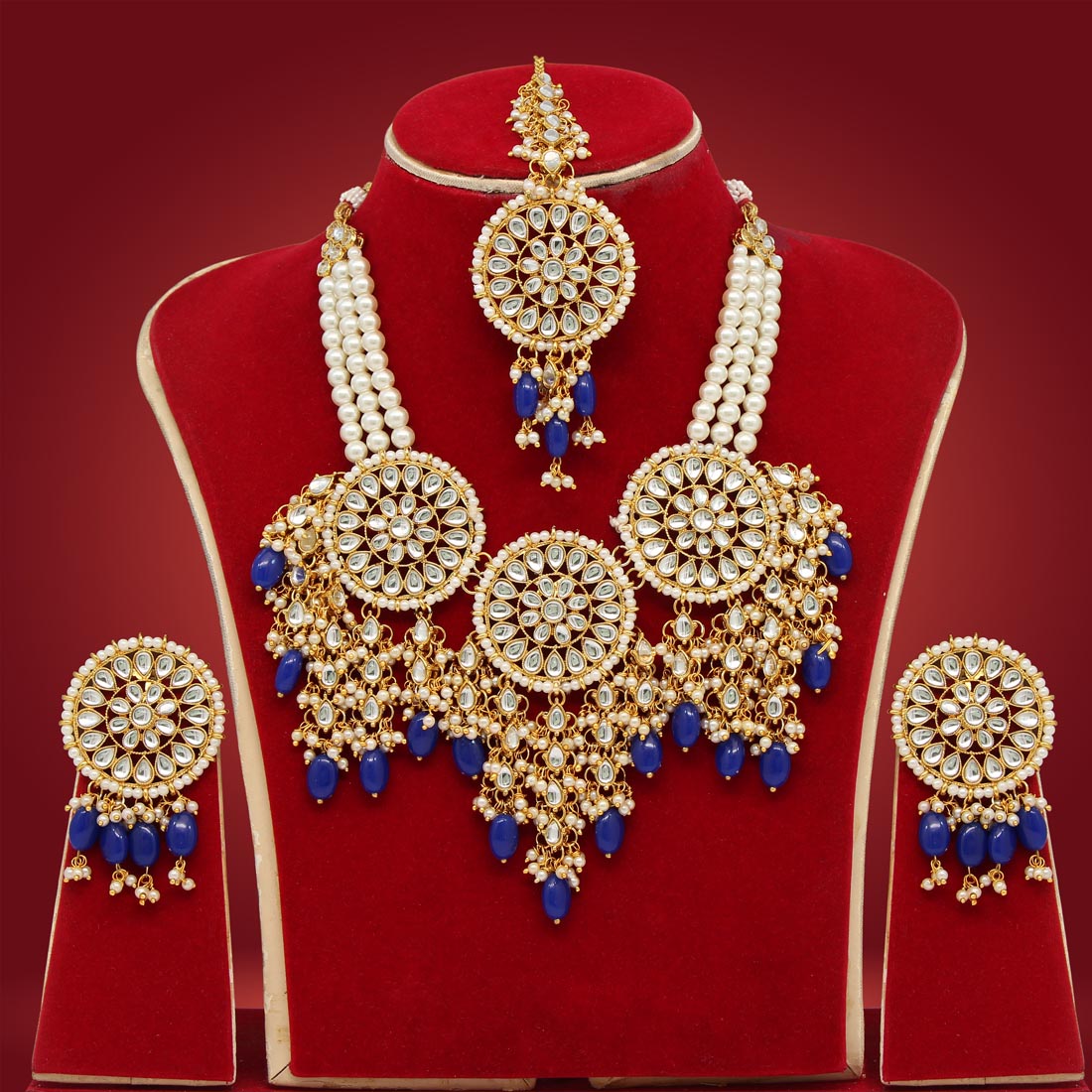 Blue Color Kundan Necklace Set (KN1078BLU) Necklaces GetGlit   