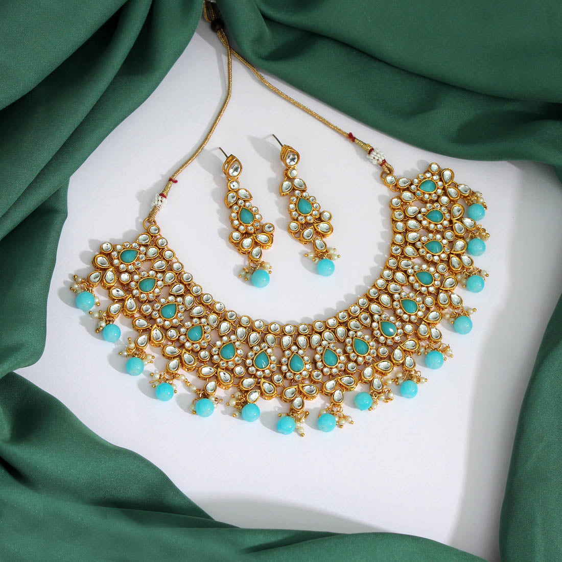 Firozi Color Kundan Necklace Set (KN1103FRZ) Jewellery GetGlit   