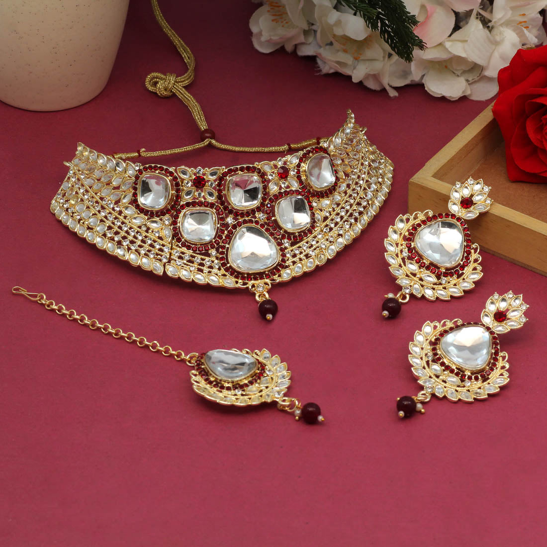 Maroon Color Choker Kundan Necklace Set (KN1124MRN) Jewellery GetGlit   
