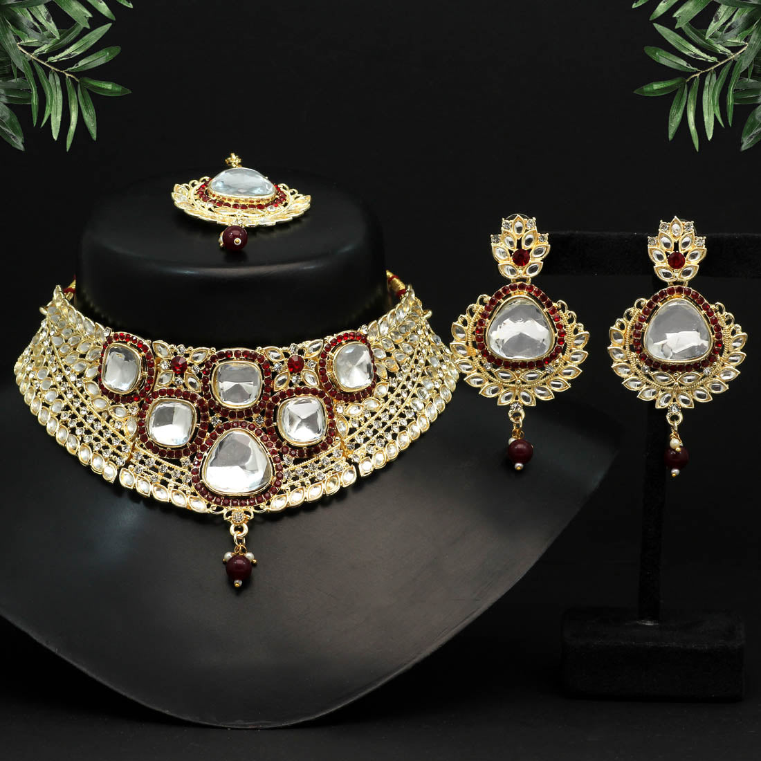 Maroon Color Choker Kundan Necklace Set (KN1124MRN) Jewellery GetGlit   