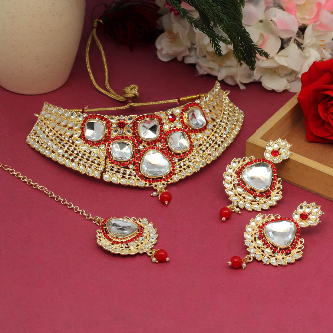Red Color Choker Kundan Necklace Set (KN1124RED) Jewellery GetGlit   
