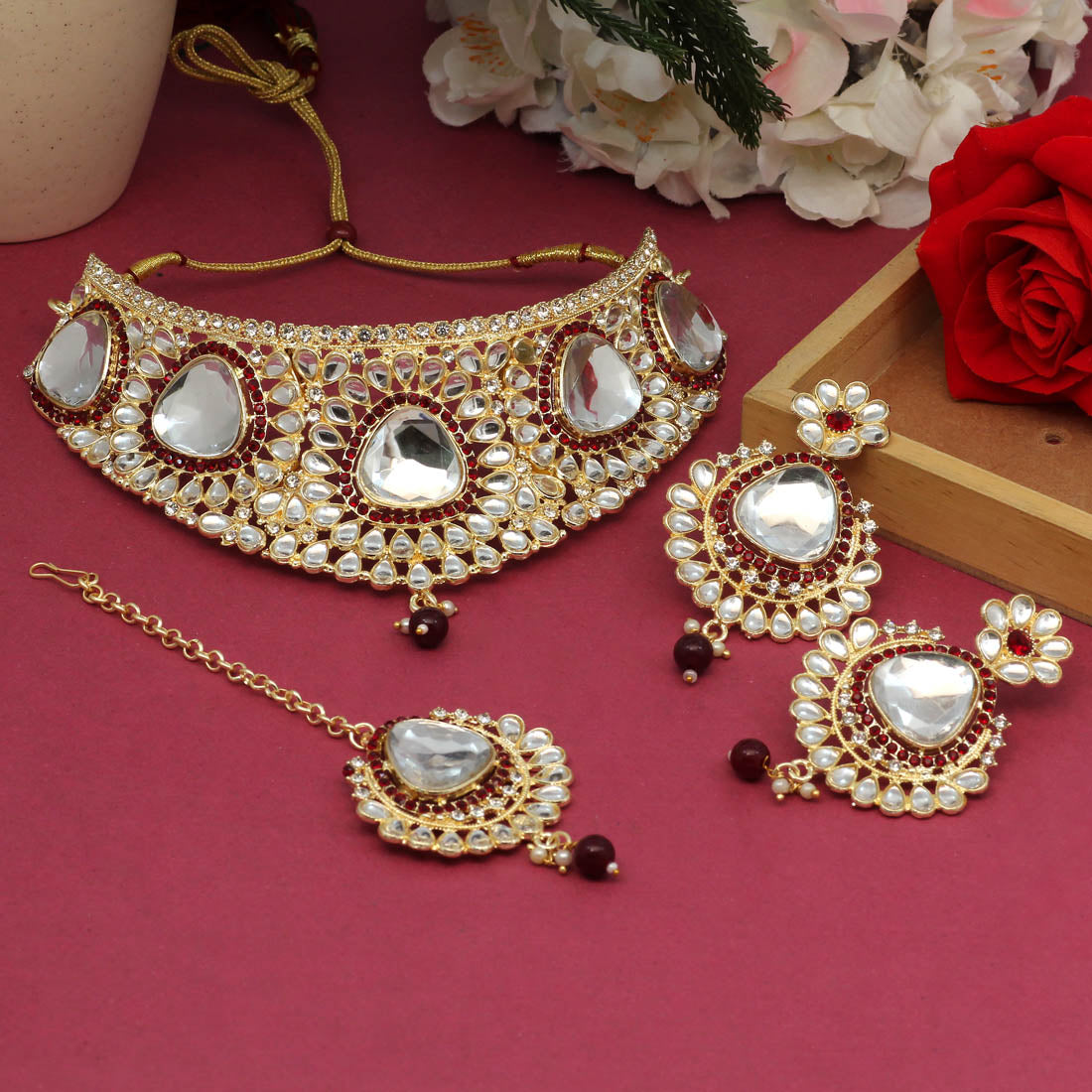 Maroon Color Choker Kundan Necklace Set (KN1125MRN) Jewellery GetGlit   