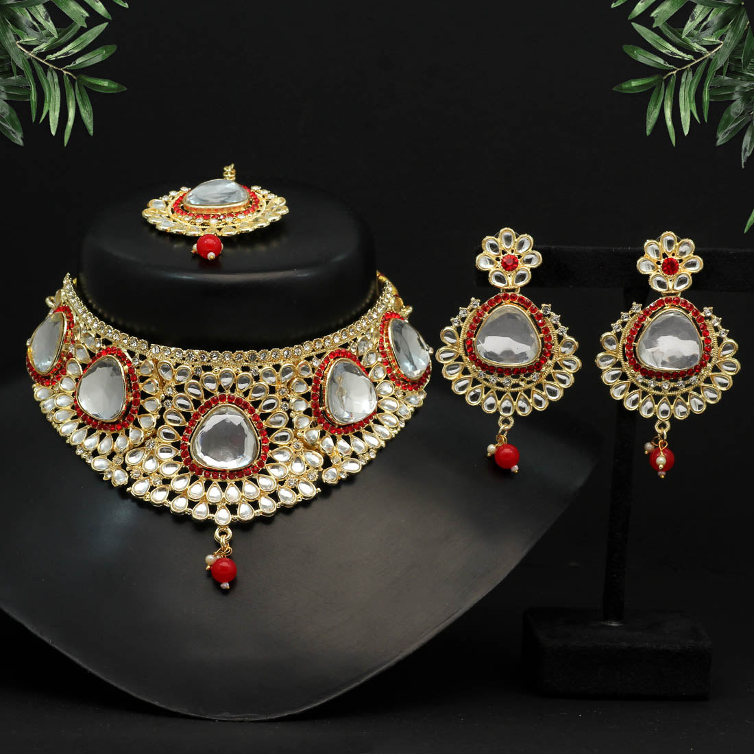 Red Color Choker Kundan Necklace Set (KN1125RED) Necklaces GetGlit   