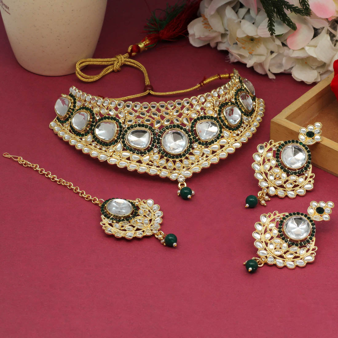 Green Color Choker Kundan Necklace Set (KN1126GRN) Jewellery GetGlit   