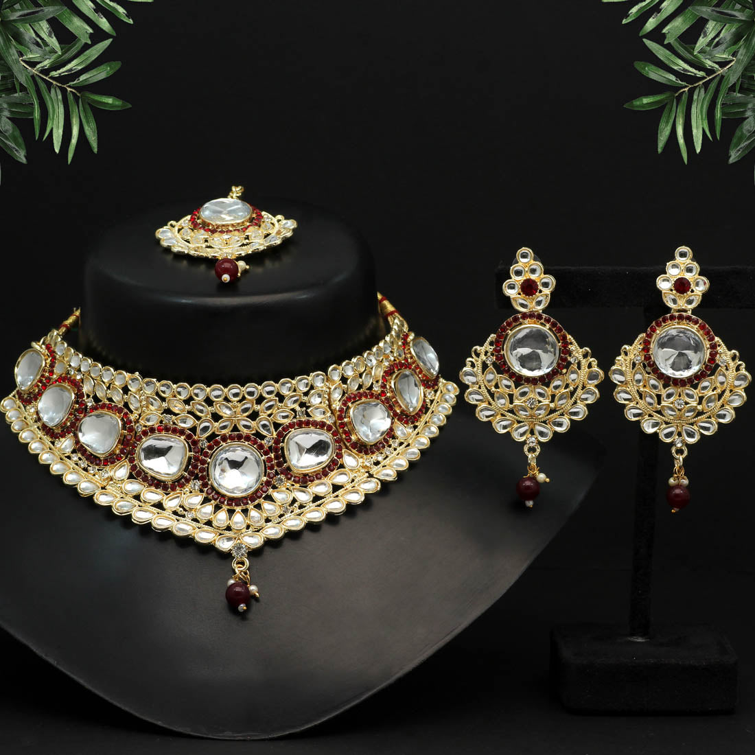 Maroon Color Choker Kundan Necklace Set (KN1126MRN) Jewellery GetGlit   