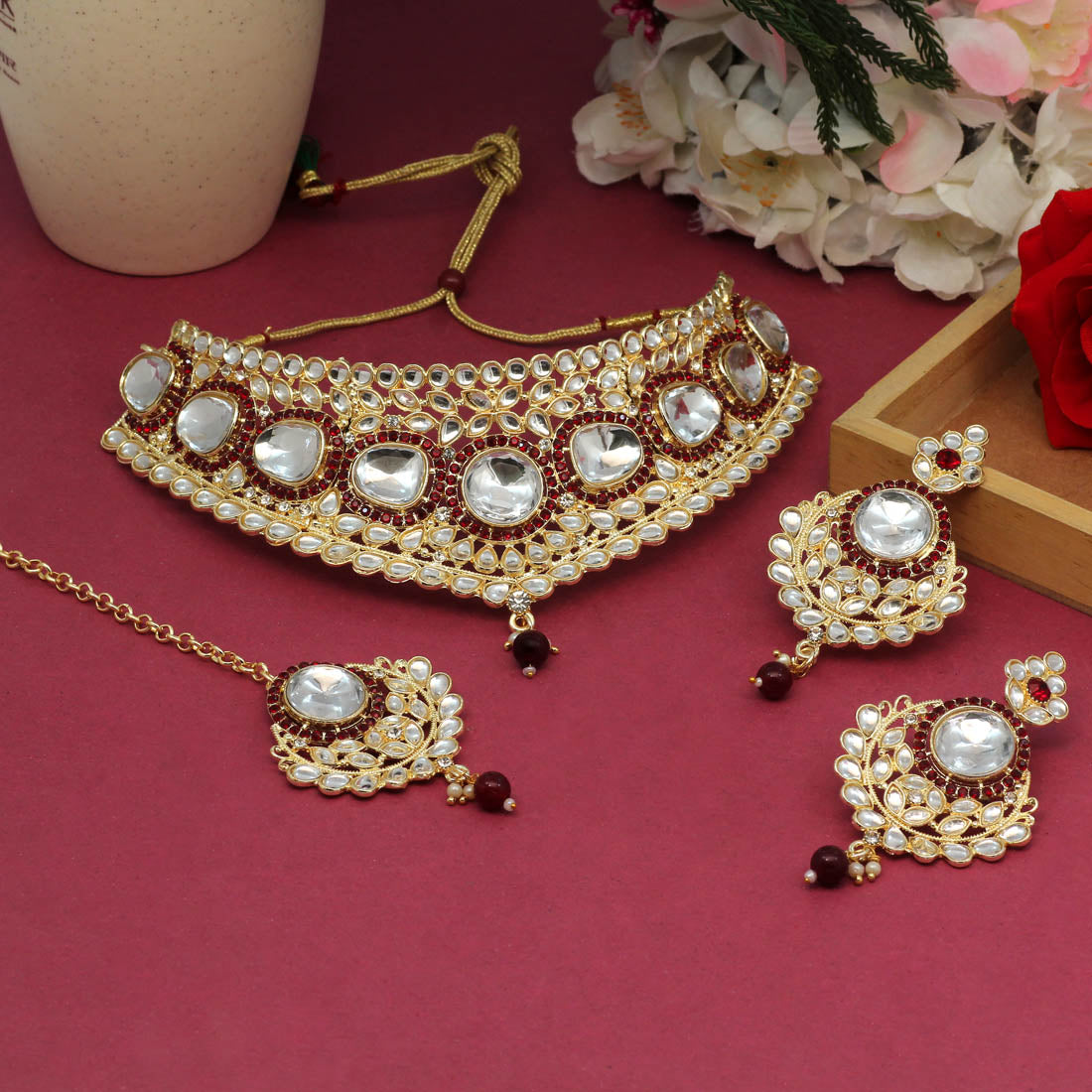 Maroon Color Choker Kundan Necklace Set (KN1126MRN) Jewellery GetGlit   