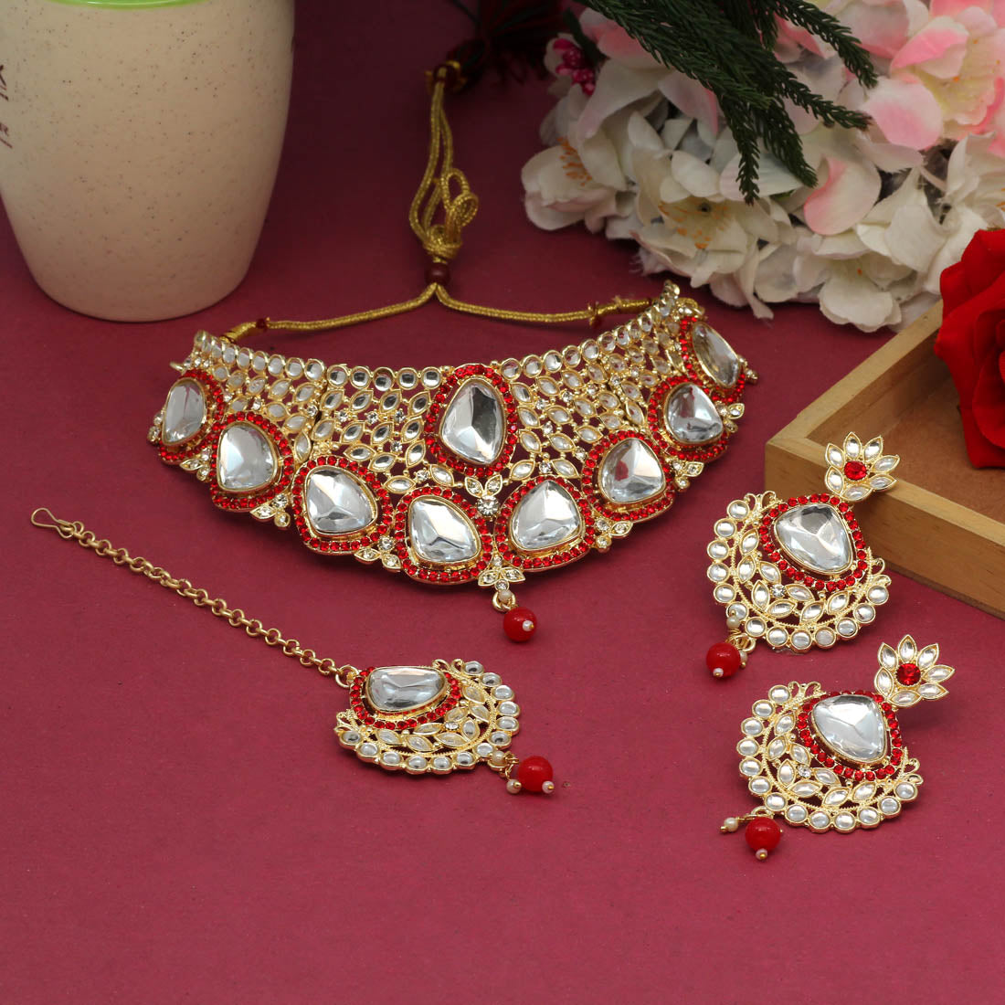 Red Color Choker Kundan Necklace Set (KN1127RED) Jewellery GetGlit   