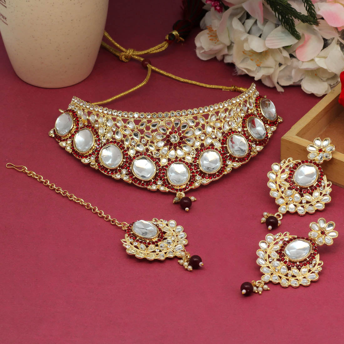 Maroon Color Choker Kundan Necklace Set (KN1128MRN)