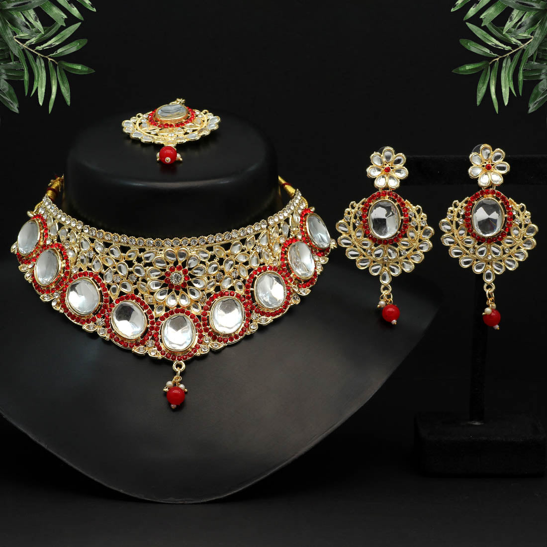 Red Color Choker Kundan Necklace Set (KN1128RED) Jewellery GetGlit   