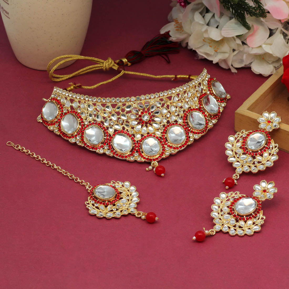 Red Color Choker Kundan Necklace Set (KN1128RED) Jewellery GetGlit   