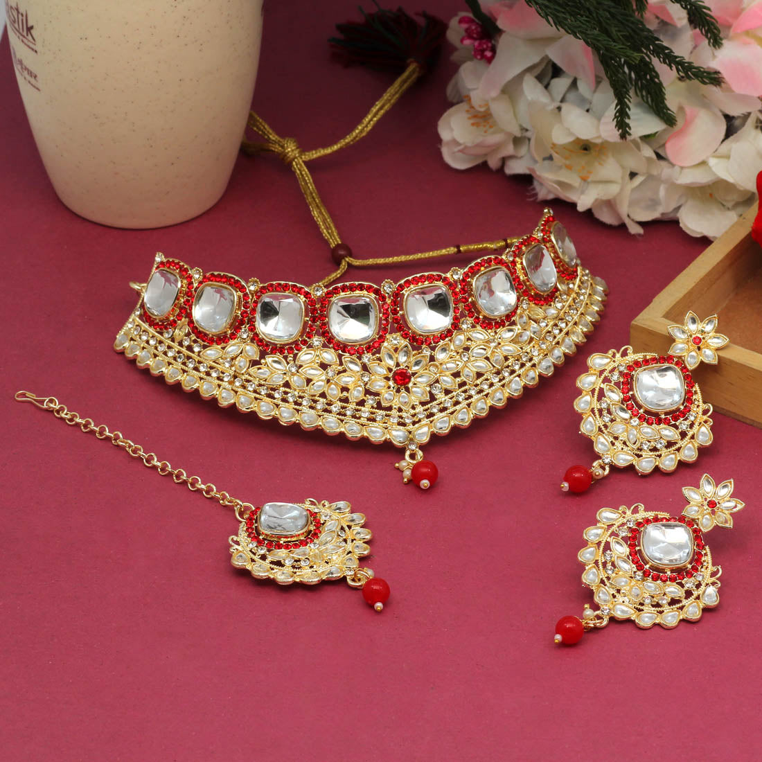 Red Color Choker Kundan Necklace Set (KN1129RED) Jewellery GetGlit   