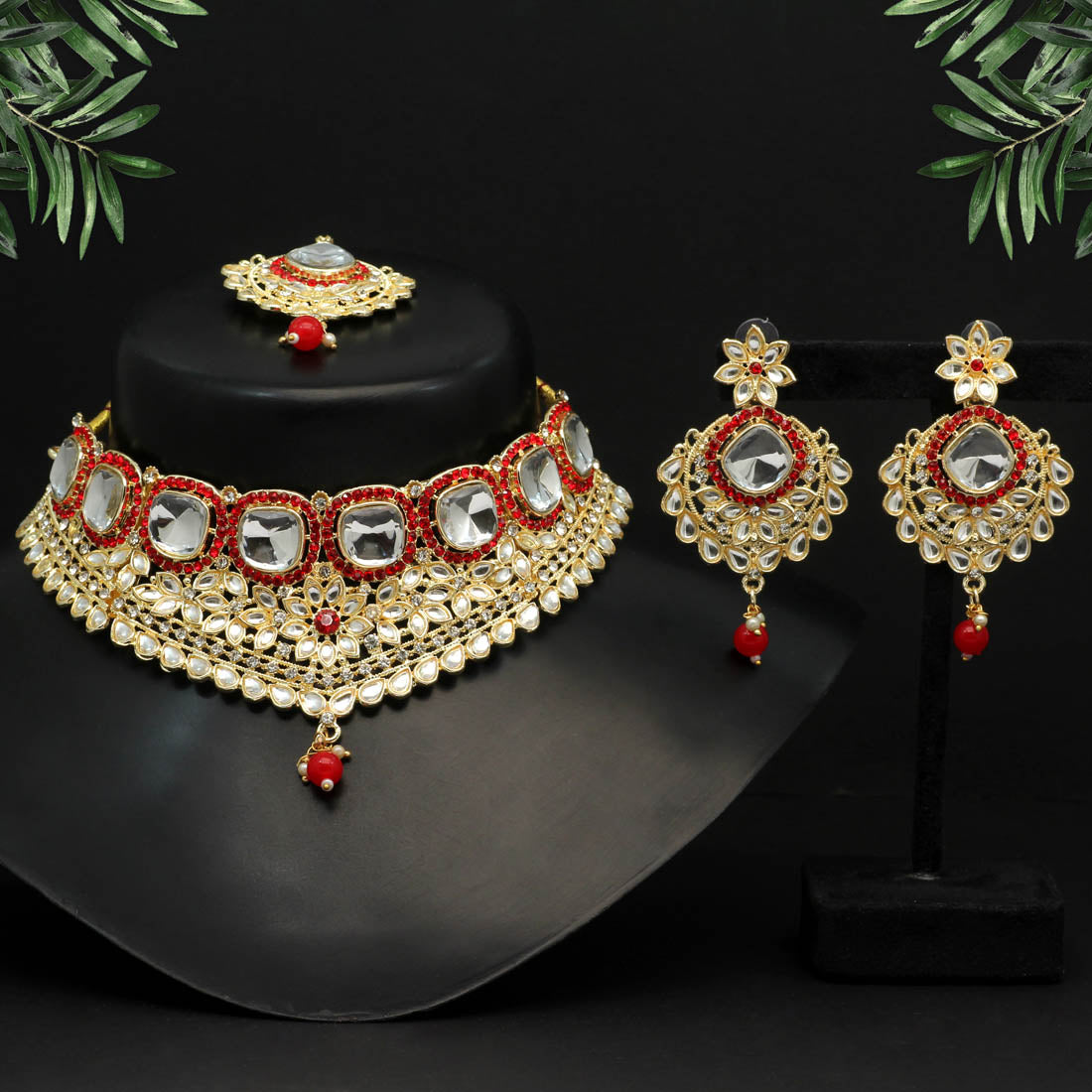 Red Color Choker Kundan Necklace Set (KN1129RED) Jewellery GetGlit   