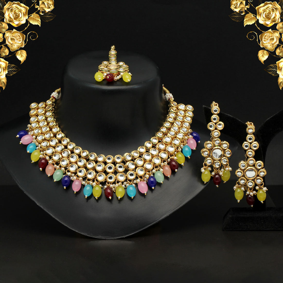 Multi Color (Back Side) Meena Work Choker Kundan Necklace Set (KN1180MLT) Jewellery GetGlit   