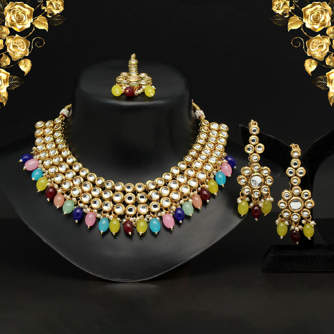 Multi Color (Back Side) Meena Work Choker Kundan Necklace Set (KN1180MLT) Necklaces GetGlit   