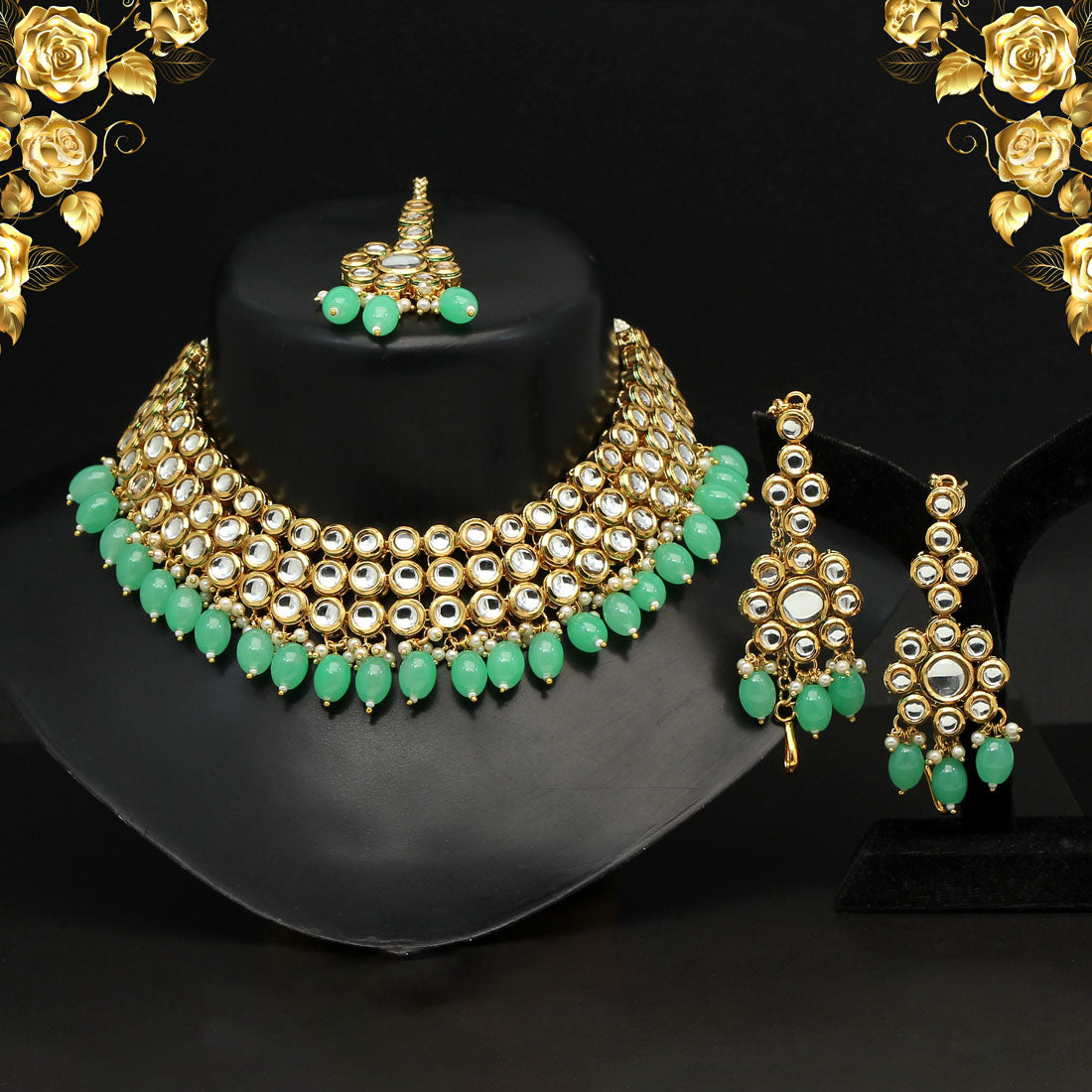 Parrot Green Color (Back Side) Meena Work Choker Kundan Necklace Set (KN1180PGRN) Necklaces GetGlit   