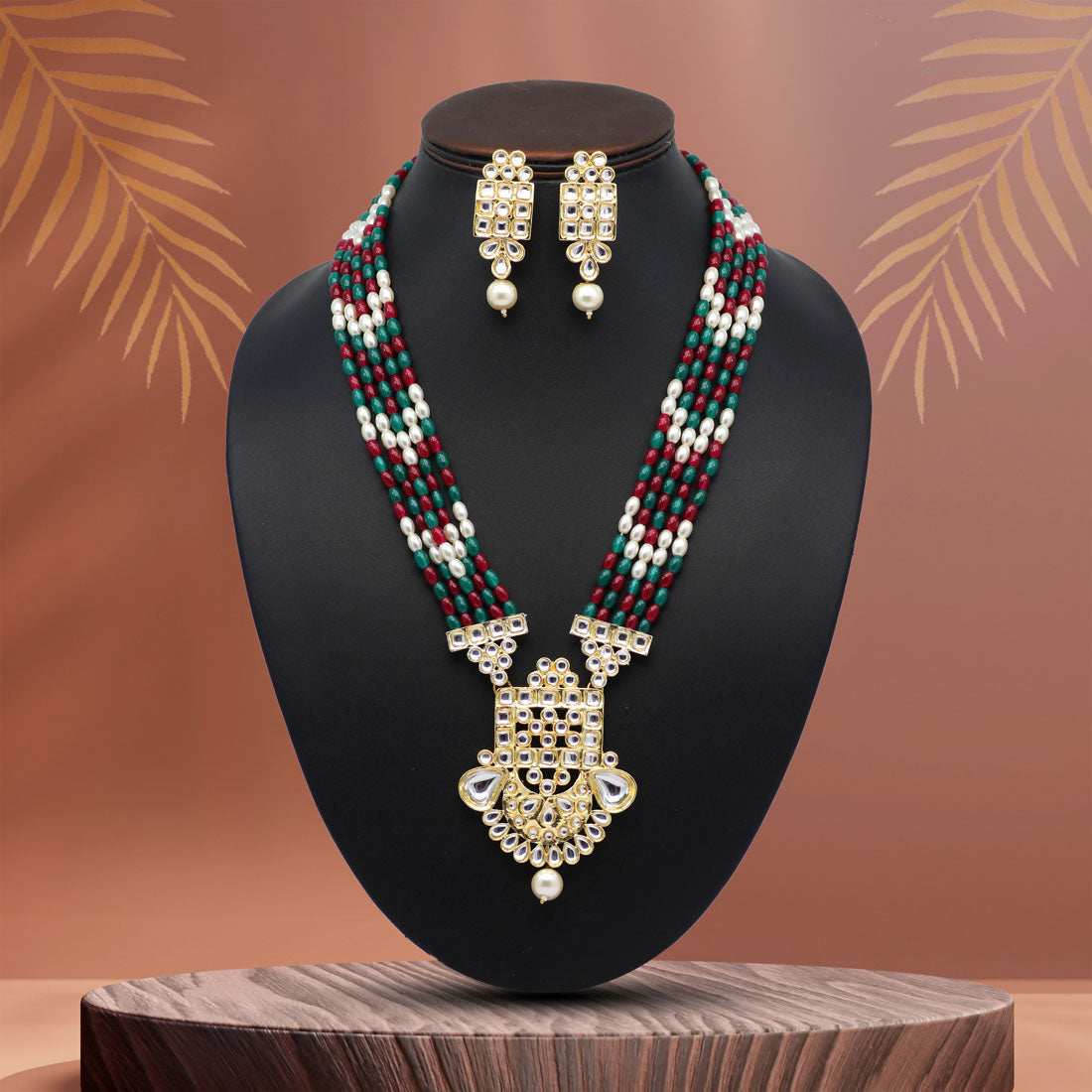 Rani Color Kundan Long Necklace Set ( KN1200RNI) Jewellery GetGlit