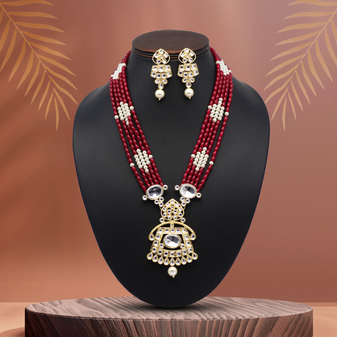 Maroon Color Kundan Long Necklace Set ( KN1202MRN) Necklaces GetGlit   