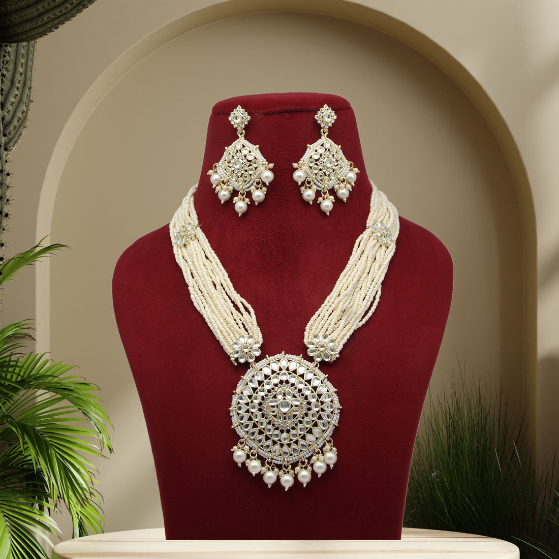 Gold Color Kundan Long Necklace Set (KN1215GLD) Necklaces GetGlit   